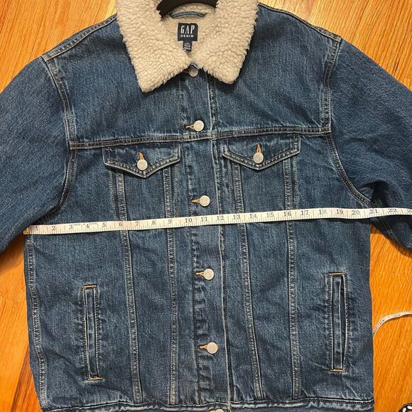 GAP Denim Sherpa Icon Jean Jacket Oversized XSP Trucker Warm Jean $118 retail - Picture 8 of 11